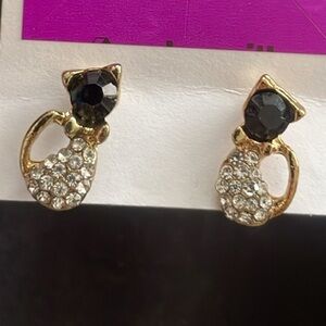 Adorable Cat Earrings - Gold Finish with Black Stone & Rhinestones